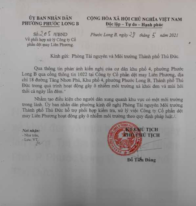 Trước những bức xúc của người dân, UBND phường Phước Long B đã đề nghị quận Thủ Đức vào cuộc kiểm tra, xử lý Công ty Dệt may Liên Phương.